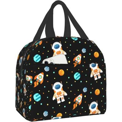 Space Astronaut Lunch Bag for Kids Boys Girls Black Planets Universe Insulated Cooler Lunch Box for School Work Picnic Beach