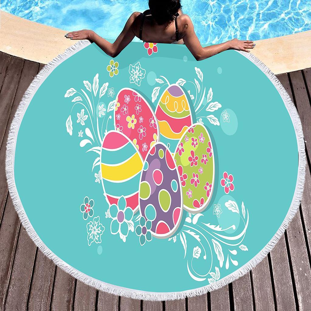 Easter Eggs Round Beach Towel with Tassels For Boys Girl Easter Gifts Microfiber Soft Sand Proof Absorbent Circle Swim Towel