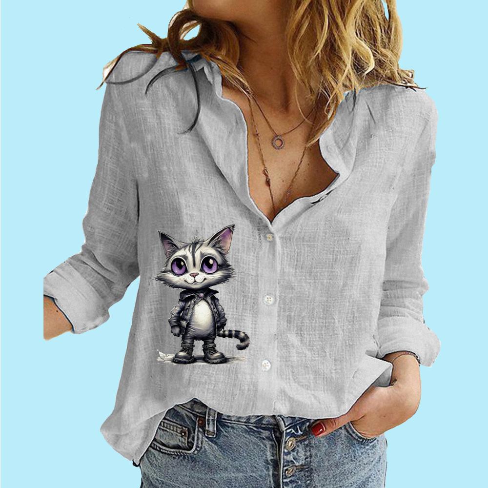 Women Fashion Buttoned Blouse Casual Thin Long Sleeve Top Ladies Cotton Linen Print Shirt