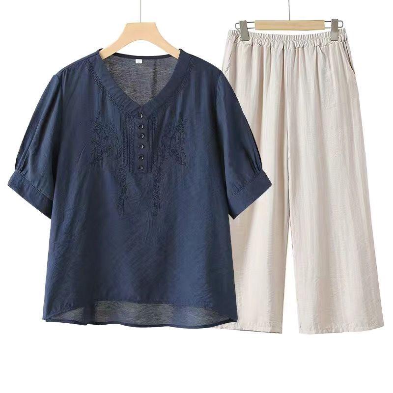 Women's Tencel Linen Embroidered Short-Sleeve Top & Pants Set for Summer - Middle-Aged Mother's Style.