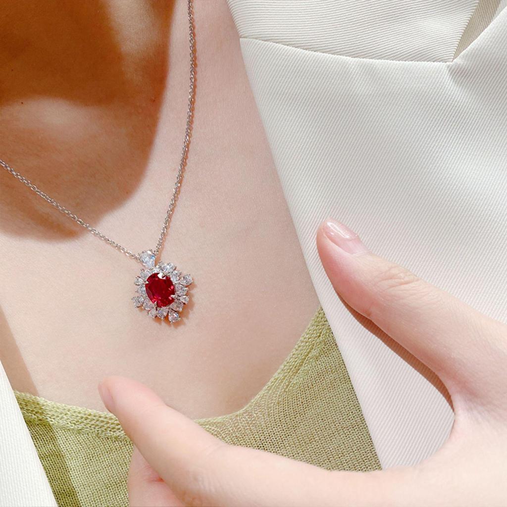 Xiancan Vintage Style 925 Silver Pigeon Blood Ruby Oval Halo Choker Necklace