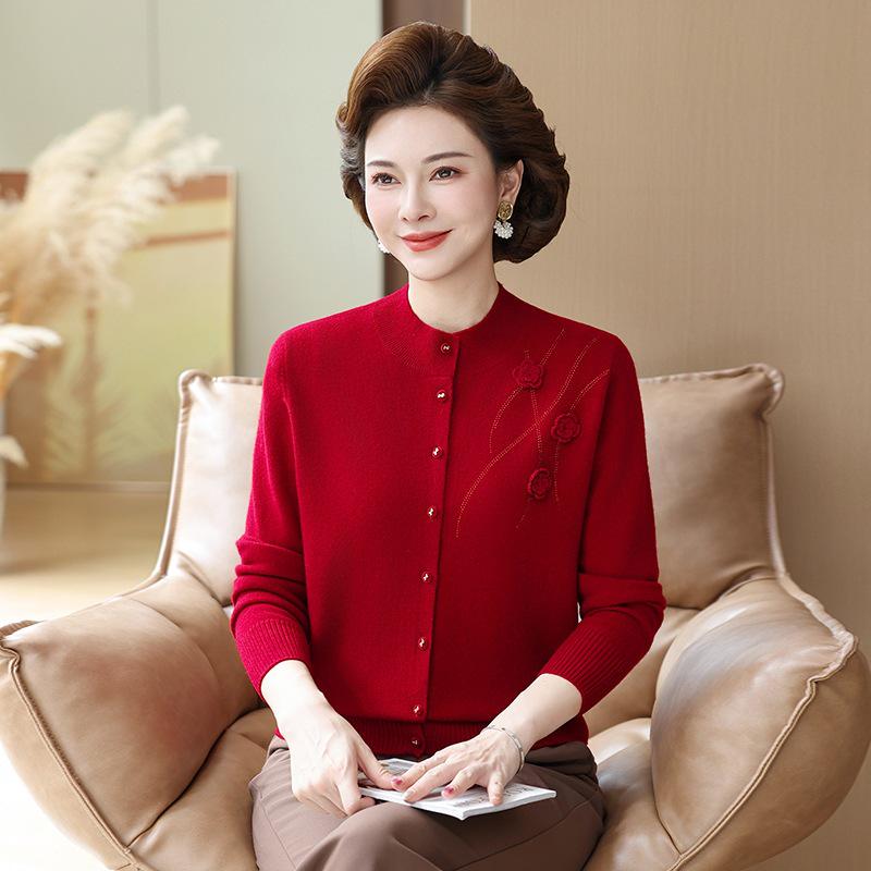 Autumn/Winter Embroidered Wool Cardigan with Stand-up Collar for Middle-aged & Elderly Women