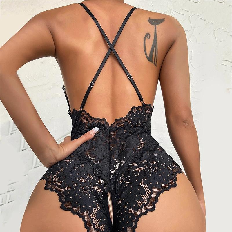 Sexy Lingerie Women Sleepwear Open Croth Bodysuit EroticTransparent Lace Lingerie Deep V Open Bra Lenceria Sex Underwear Set