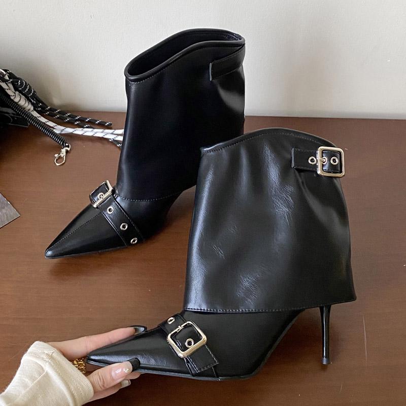 Eilyken Designer Splicing Belt Buckle Woman Ankle Boots Street Style Thin High Heels Pointed Toe Party Prom Shoes