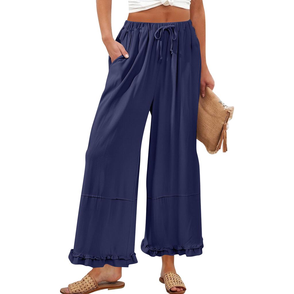 Women’s Wide Leg Lounge Pants with Drawstring Waist and Ruffle Hem Casual Loose Fit Lightweight Trousers with Pockets