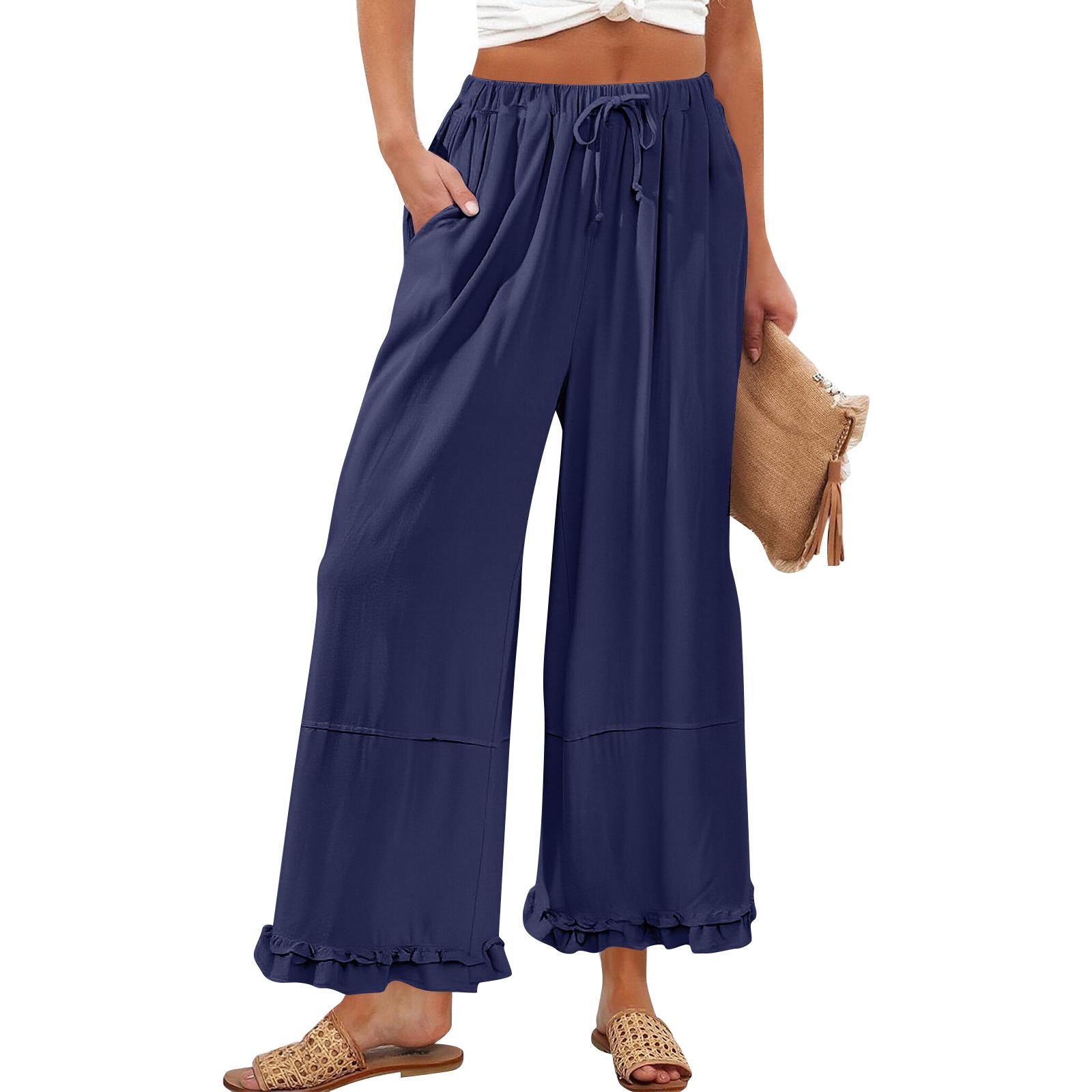 

Women’s Wide Leg Lounge Pants with Drawstring Waist and Ruffle Hem Casual Loose Fit Lightweight Trousers with Pockets XL Темно-синій