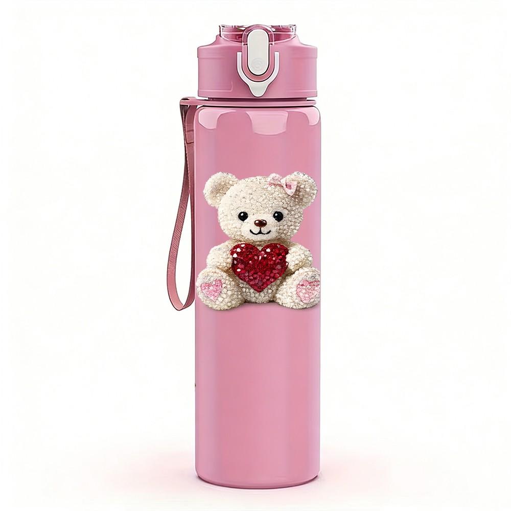 1PC Teddy Bear Toy Group Cartoon Print 750ml Color Plastic Sports Water Bottle Leakproof Flip Straw Lid Suitable for Sports Office Home Use