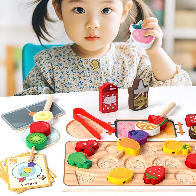 Montessori Holzspielzeug für Kinder Obstspieß Zuordnungsperlen Fädelspiel Pädagogisches Logiktraining Bausteinspielzeug Geschenke