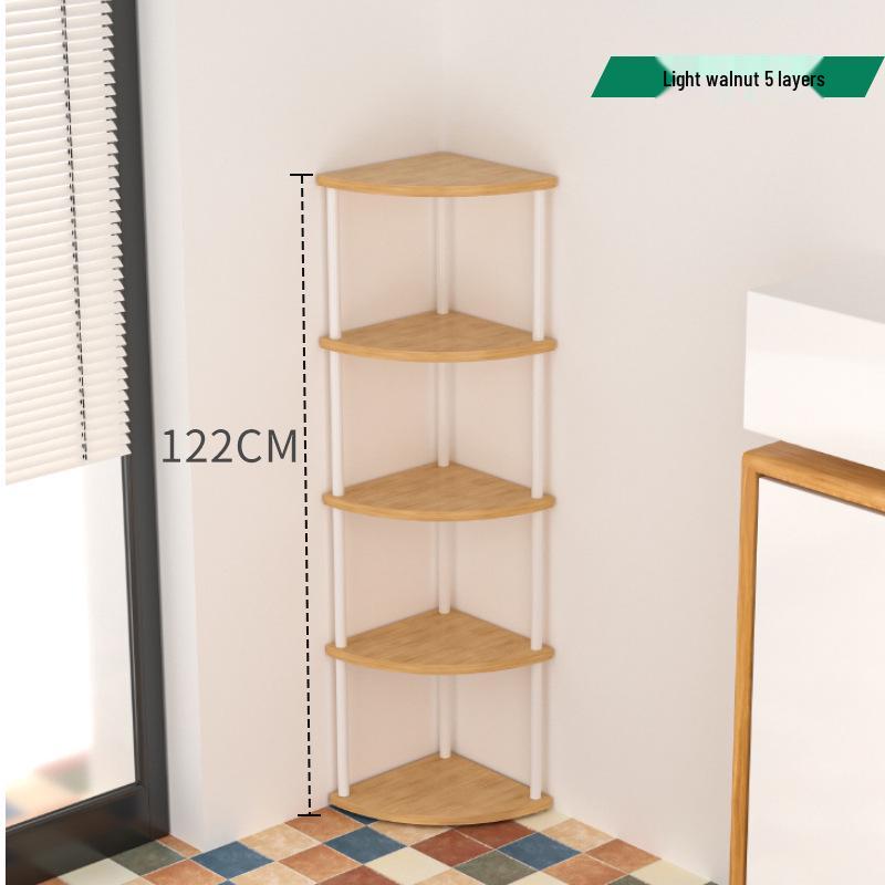 Triangular Corner Cabinet with Multi-Layer Storage and Display Shelves for Living Room or Bedroom.