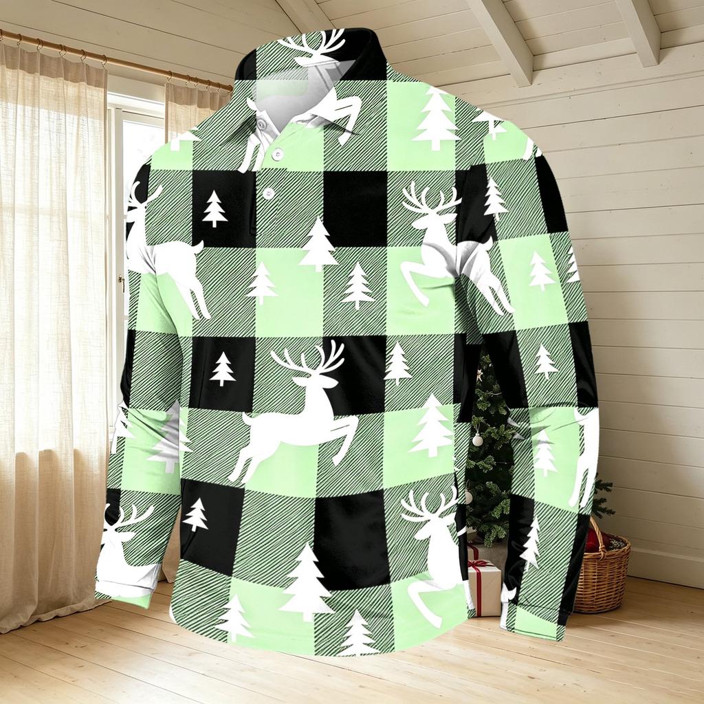 Men's Casual Long Sleeve Round Neck T-Shirt with Christmas Print for Holiday Party