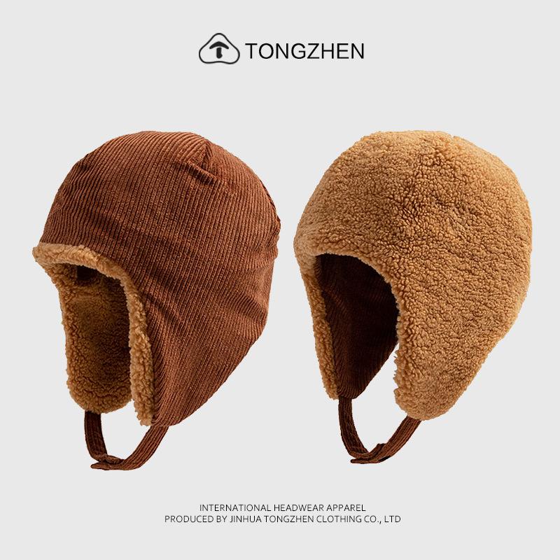 

Winter men s and women s thickened warm and cold ear caps corduroy double-sided wear lamb wool flying caps One size (56-58cm)