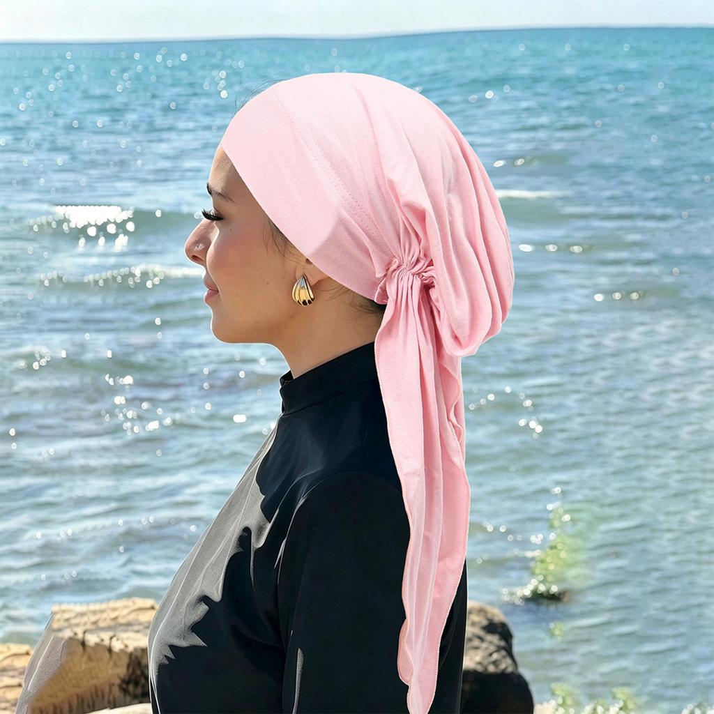 Women's Stretchy Soft Wrap Turban with Tie Closure - Pullover Knit Curved Scarf Hat for Daily Wear, Travel and Sleeping