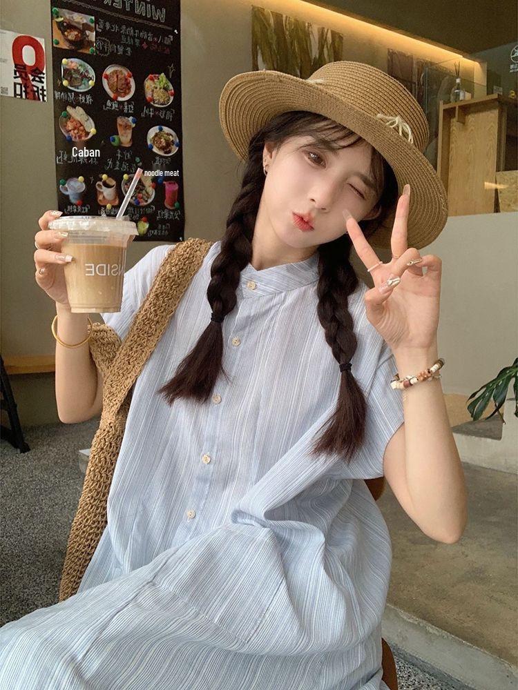 Women's Blue Striped Short-Sleeve Loose A-Line Shirt Dress, Summer 2024 Korean Style