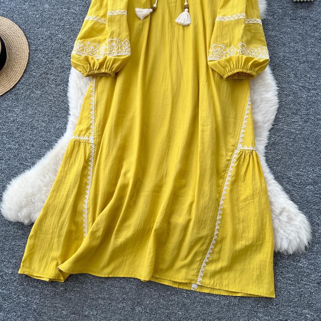 Schickes Vintage Langarm Locker Schlank Elegant Fee Koreanische Mode Boho Sommerkleid Damenbekleidung Langes Kleid