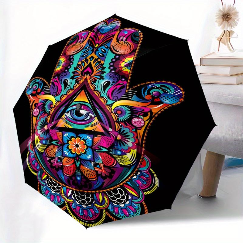 Colorful Hamsa Hand   Spiritual Protection & Good Luck Symbol Poster Print for Home,Umbrella, Portable 3 Fold Compact Umbrella for Men & Women