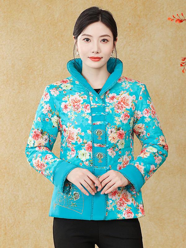 Mom's Ethnic Style Stand Collar Tang Suit: Autumn/Winter Slim Fit Cotton Jacket for Middle-Aged & Elderly Women