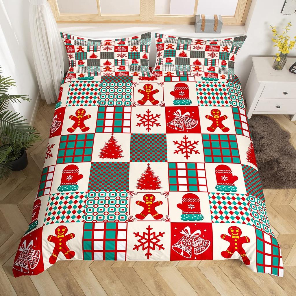 Gingerbread Man Xmas Theme Duvet Cover Christmas Comforter Cover Cartoon Snowman Christmas Tree Bedding Set Pink Quilt Cover
