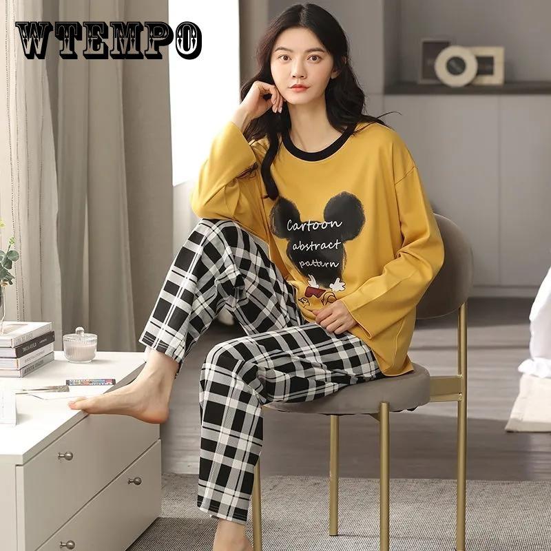 

Женский пижамный комплект, одежда для сна с длинными рукавами, хлопковые пижамы, милая ночная рубашка с героями мультфильмов, свободная повседневная домашняя одежда, осенне-зимний пуловер, топы и брюки