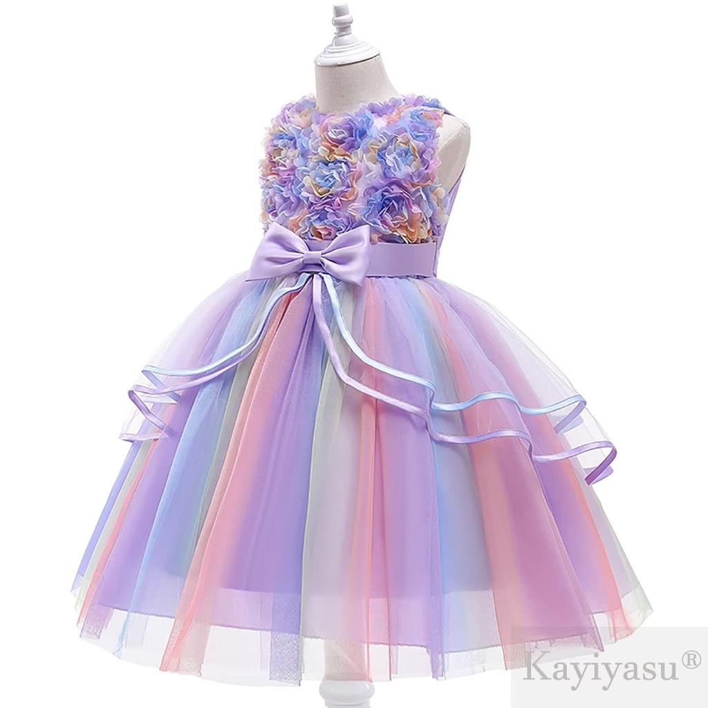 Kayiyasu Formal Dress with Tulle Rainbow Floral Print and Perfect for Kindergarten Entrance Piano and Ages Girls' Skirt, Bow, Ceremonies, Recitals,