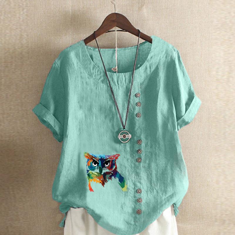 Women's Fashion Round Neck Short Sleeve T-shirt Casual Cotton Linen Graphic Shirt Leisure Owl Prined Summer Blouse Tops