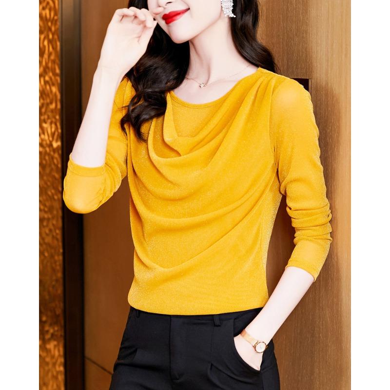 Round Neck Bright Silk Long Sleeve Pullover T-shirt for Women In Autumn New Style Celebrity Top Fashionable Base Shirt