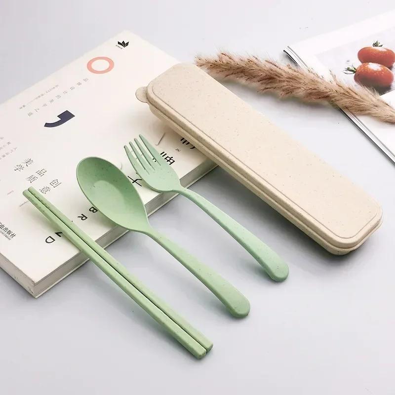 Tableware Set - Spoon, Chopstick, Fork with Storage Case and Goodie Bag, Children Day Gift, Wheat Straw