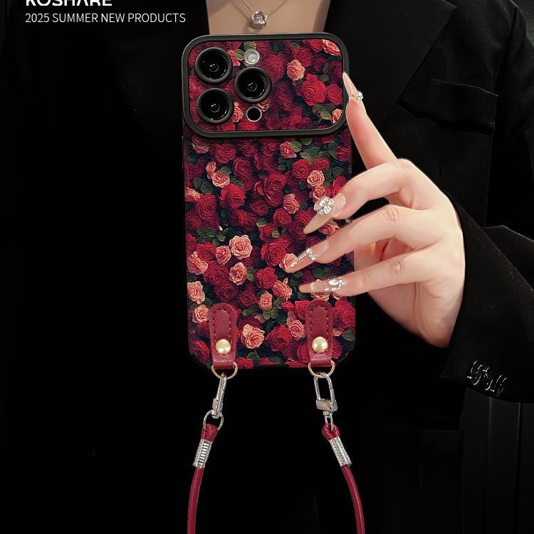 Full screen rose lanyard suitable for Apple 16 mobile phone case iphone14pro large window sheepskin 15 soft silicone