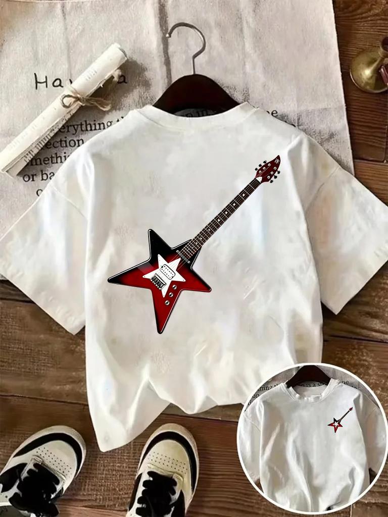 Star Shape Electric Guitar Graphic T Shirt Women Rock Music Print Tee Y2K Harajuku Casual Short Sleeve Loose Summer Top Vintage