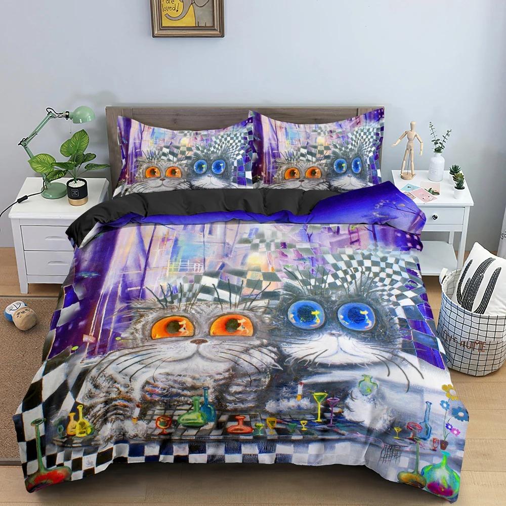 Watercolor Cartoon Cat Bedding Set Boys Girls Twin Queen Size Duvet Cover Pillowcase Bed Kids Adult Home Textileextile
