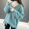 Autumn and Winter Women's V-neck Knitted Sweater Loose Button Solid Color Sweater for Women