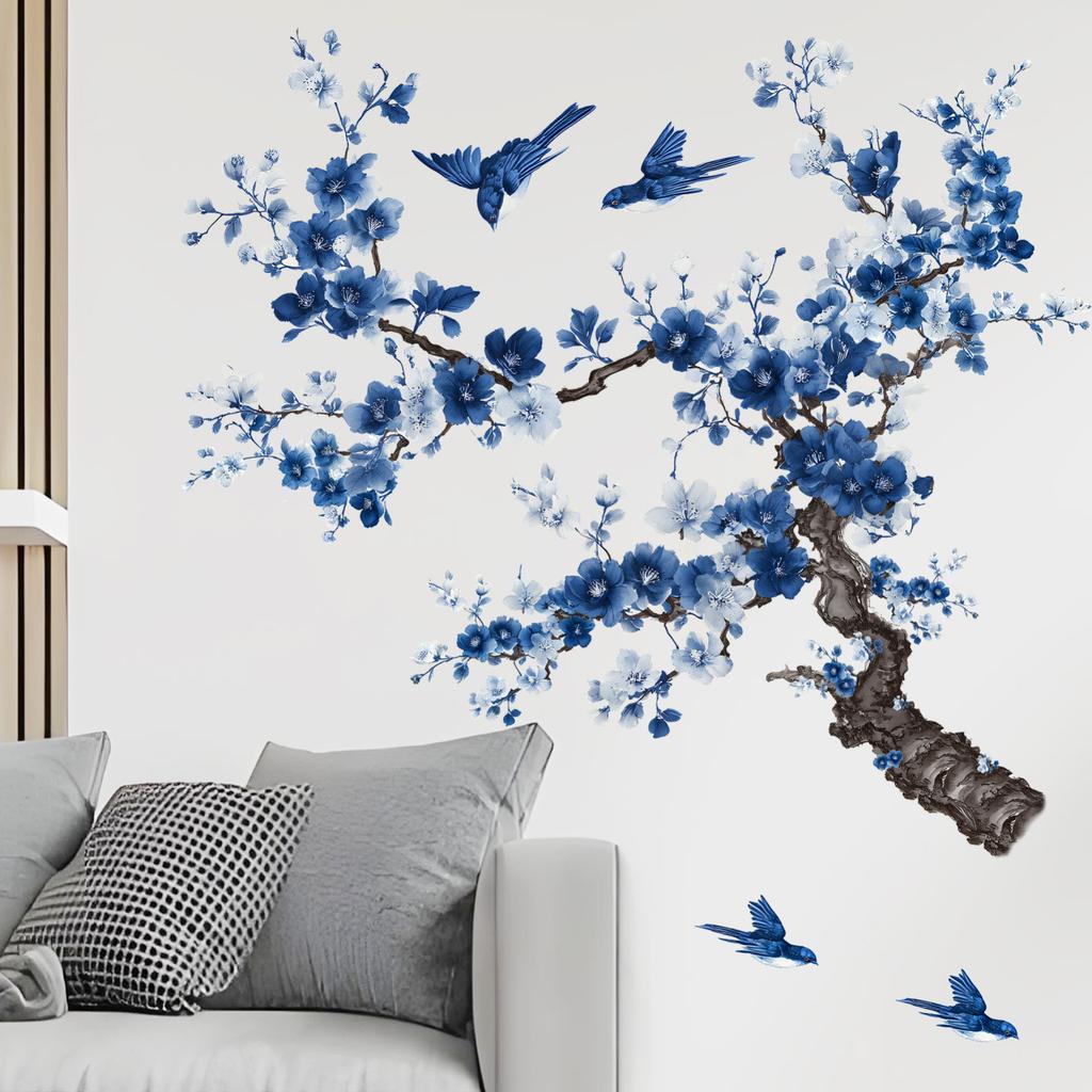 Ramas y Pájaros Pintados de Azul Pegatina de Pared para Decoración del Hogar en Dormitorio Sala de Estar