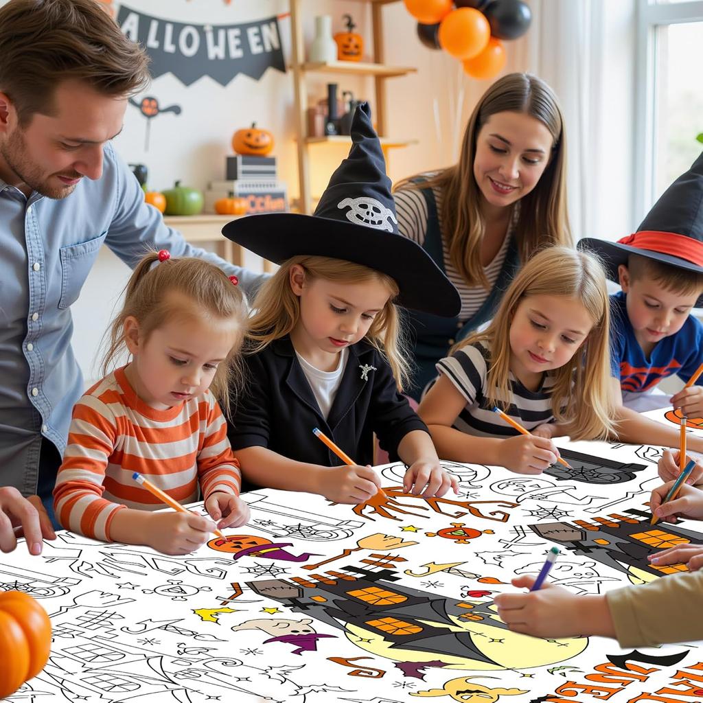 Labeol 1 Pack Halloween Tablecloth, 108"x 54" Halloween Coloring Tablecloth for Kids, Pumpkin Ghost Bat Castle Coloring Table Cover for Winter Party