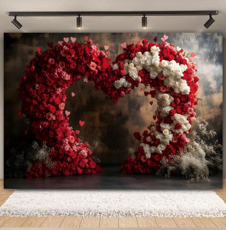 February 14 Valentine's Day Photography Backdrop Red Rose Arched Heart Flowers Romantic Wedding Bridal Shower Photo Background