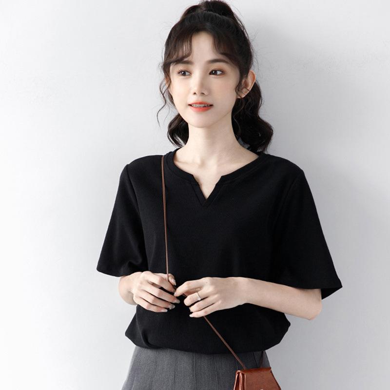 Summer Solid Color Casual Versatile Short Sleeve Women's Loose Style V-Neck T-shirt Commuter Top Fashion Women's Wear