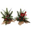 Small Christmas Artificial Plants with Burlap Base Faux Pine Branches with Red Berries/Poinsettias Flower