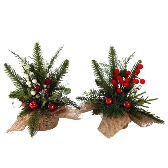 Small Christmas Artificial Plants with Burlap Base Faux Pine Branches with Red Berries/Poinsettias Flower