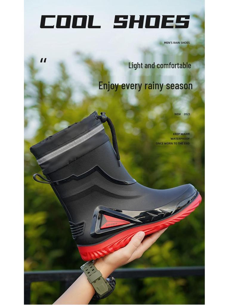 Men's Fleece-Lined Waterproof Rubber Rain Boots - Non-Slip, Warm, Outdoor, and Kitchen Safe