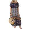 Vintage Women O Neck Short Sleeve Patchwork Cotton Dress Summer Floral Dress