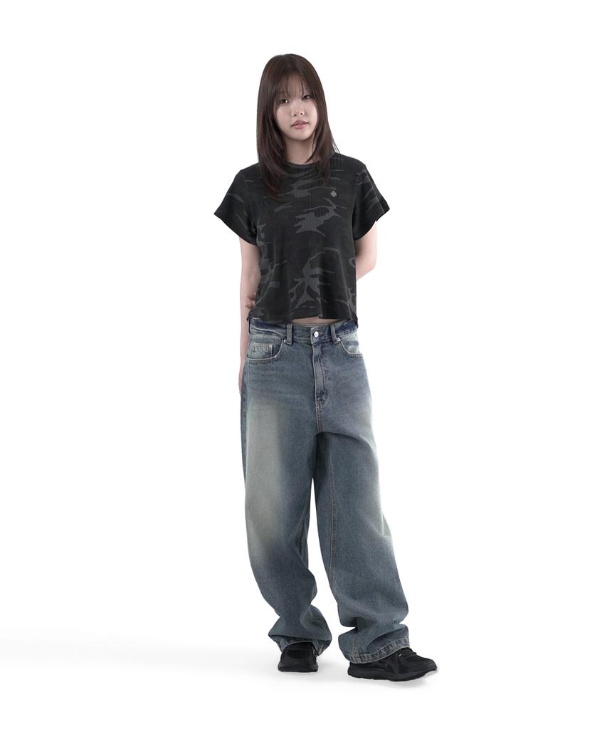 SLOW RECORD HOUSE Logo Waffle Crop T-Shirt_Camo (Charcoal)