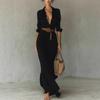 2025 Independent Station European and American Women's Clothing Autumn Elegant Temperament Sexy Solid Color Irregular Folds Belt Dress