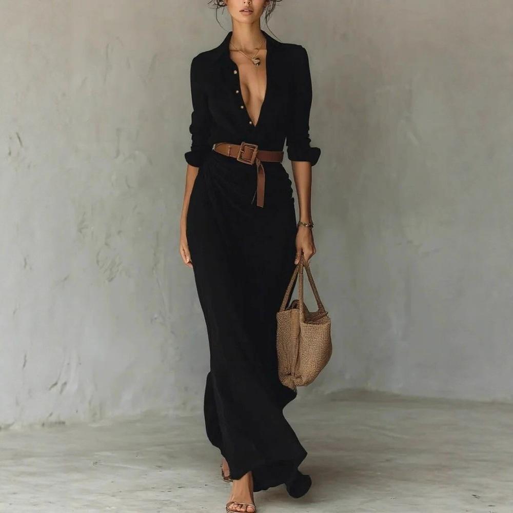 2025 Independent Station European and American Women's Clothing Autumn Elegant Temperament Sexy Solid Color Irregular Folds Belt Dress