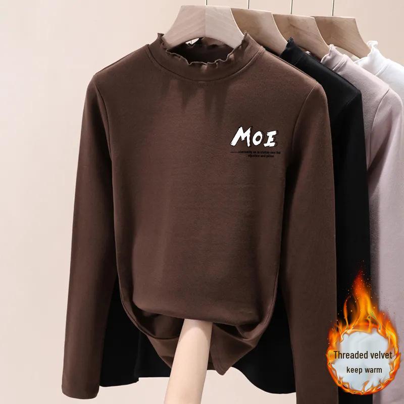 De Velvet Women's High Neck Fleece Base Layer, Plus Size Long Sleeve, Printed, Thick & Warm Top for 2025 Autumn/Winter.