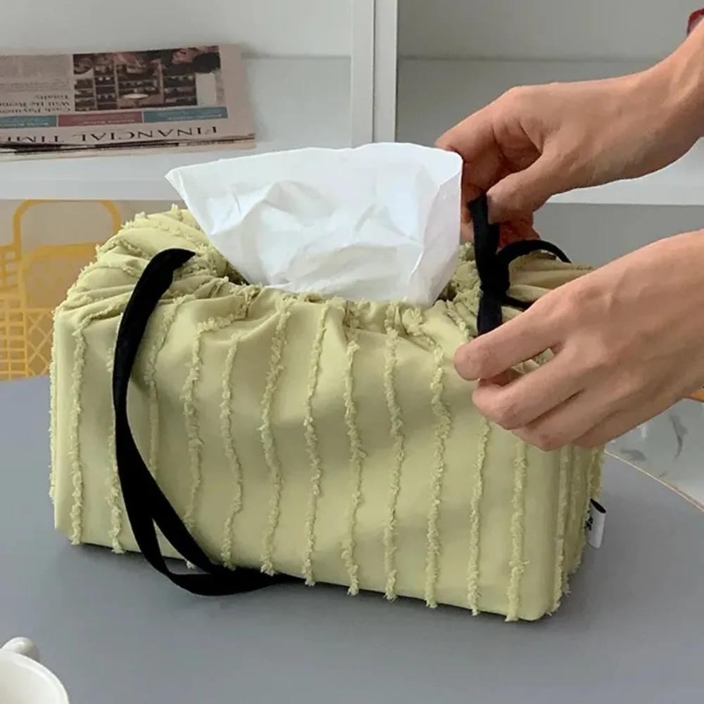 

Fashionable Ribbon Drawstring Tissue Bag Solid Color Adjustable Fabric Tissue Box Practical Paper Towel Holder Home Decoration зелений