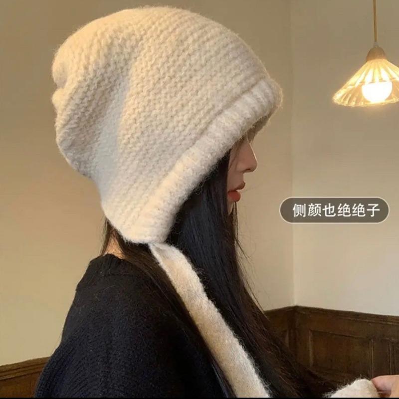 Hat women's winter big head circumference knitted hat versatile face small lace-up bag hat dual-purpose ear protector headgear