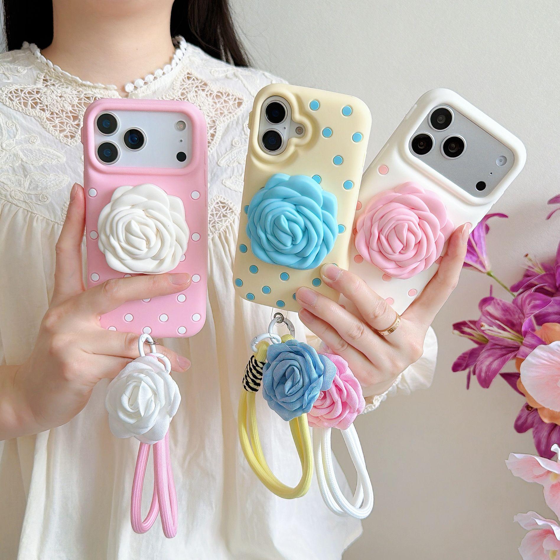 

Creative Polka Dot Rose Flower Stand Case for iPhone 13-17, Compatible with 14/15 Pro Max, Drop-Proof Design. 15 Pro
