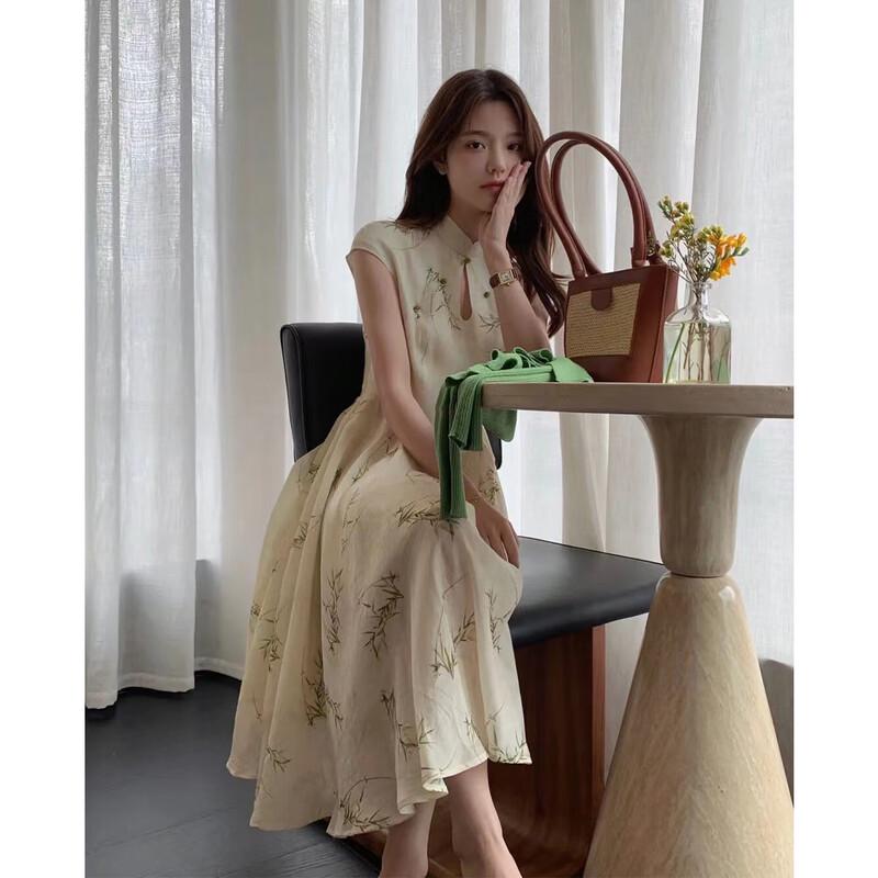 

New Chinese Style Floral Sleeveless A-Line Long Dress L