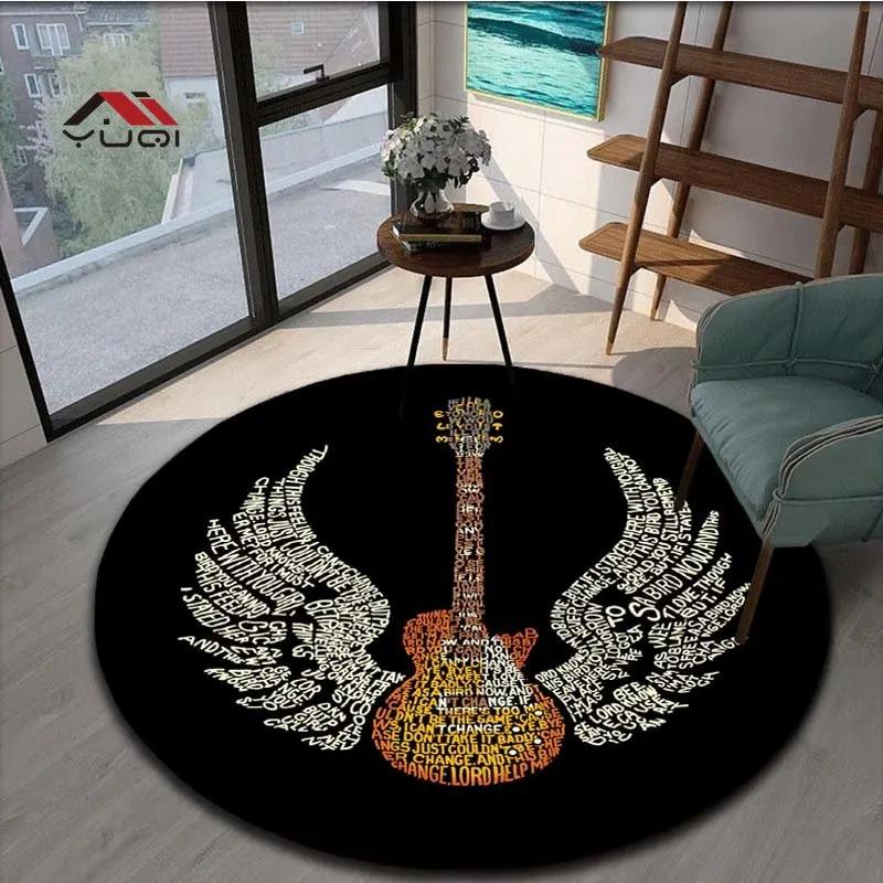 Guitar Music Round Area Rug – Soft Non-Slip Floor Mat for Living Room or Bedroom – Musical Pattern Carpet, 5 Sizes Available