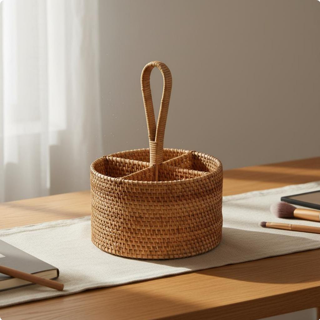 4 Compartment Organizer With Dividers Woven Rattan Container Divided Storage Container Portable Wicker Utensil Carrier