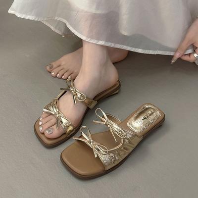 Pantoufles françaises à nœud, chaussures d'été pour femmes, style féerique, bout carré, semelle plate, avec jupe, jolies sandales de plage.