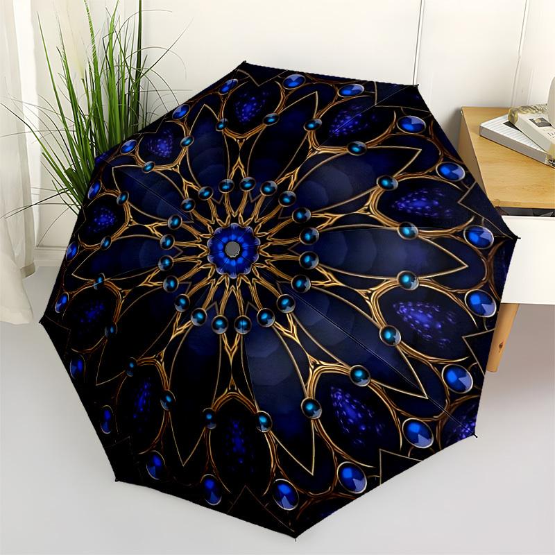 

1pc Blue Mandala Design Automatic Umbrella - Stylish, Durable, with 8-Rib Manual Open Design, Elegant Black Handleyy250920111
